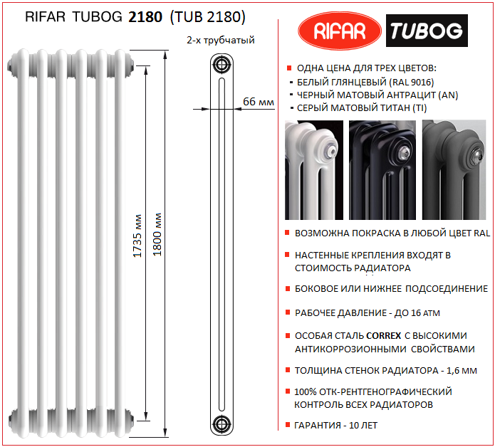 Трубчатый радиатор RIfar Tubog 2180 (TUB 2180). Высота 1800 мм, глубина 66 мм (2-х трубчатый)