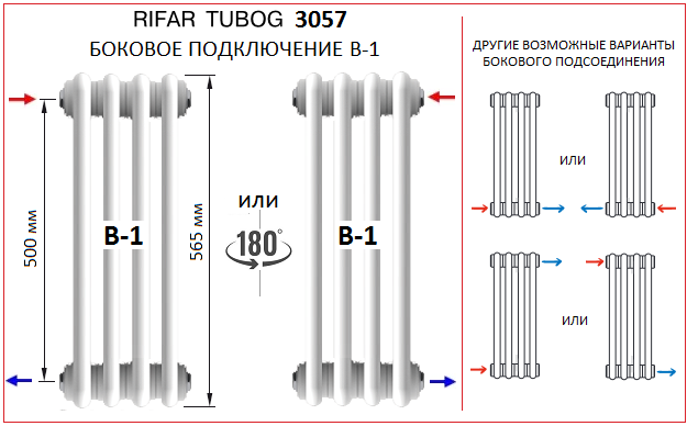 Радиатор Rifar Tubog 3057 боковое подключение 3/4"