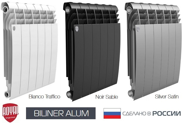 Алюминиевый радиатор Royal Thermo Biliner Alum 500. Высота 585 мм, межосевое расстояние 500 мм, глубина 87 мм. Три цвета на выбор - белый RAL 9016 (Bianco Traffico), черный (Noir Sable), серо-серебристый (Silver Satin).